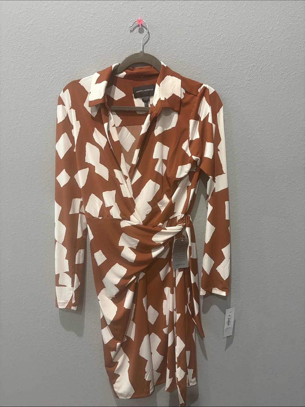 Donna Morgan Burnt Orange & White Patterned Faux-Wrap Dress